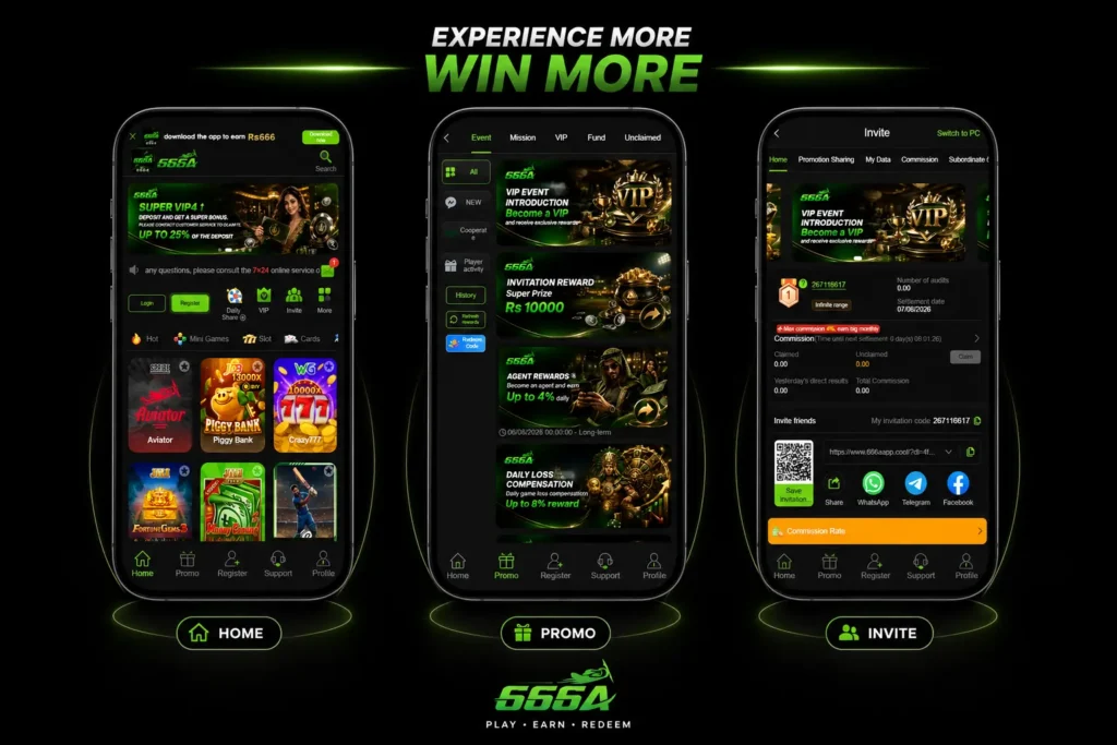 666A Game dashboard showing home, promotional rewards, VIP offers, and invite features