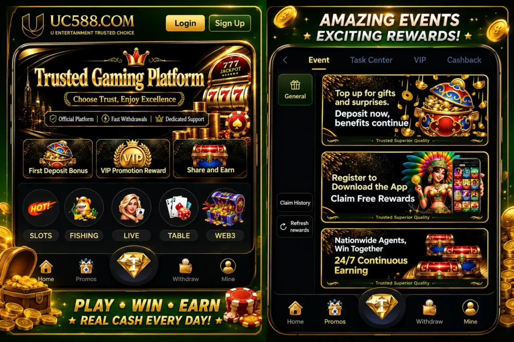 UC588 Game APK home dashboard showing login options, gaming categories, promotions, VIP rewards, and wallet features for Android users in Pakistan.