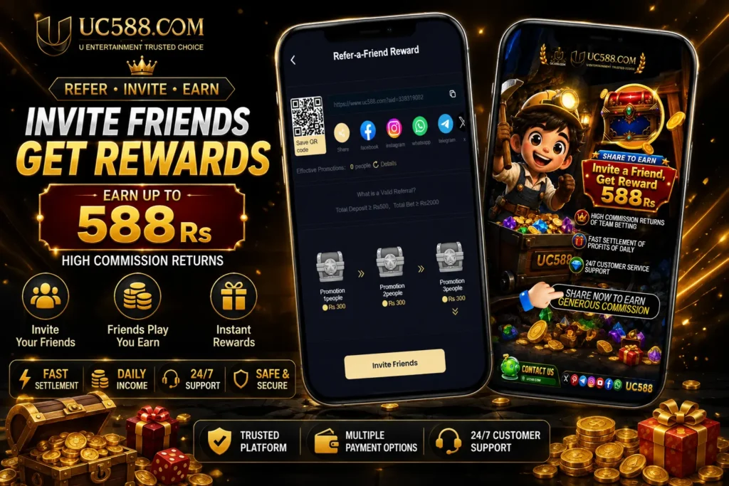 Premium UC588 Game APK banner featuring the Invite Friends referral program, reward system, QR code sharing, team commissions, and two smartphone mockups for Pakistani Android users.