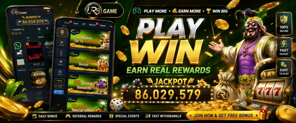 UR8 Game app banner with mobile screen and rewards