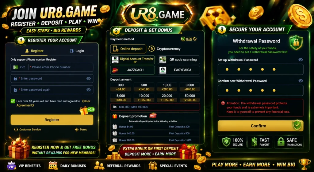 UR8 Game registration, deposit and withdrawal process banner