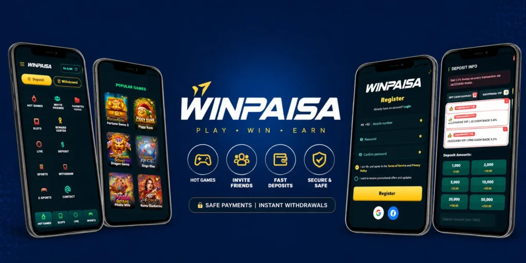 Win Paisa New Game in Pakistan mobile app banner with game dashboard, registration, deposit and withdrawal screens